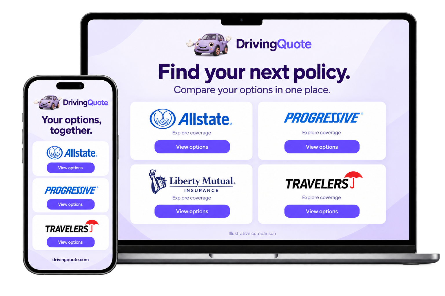 Illustration of DrivingQuote's insurance comparison on a phone and laptop, with our purple car mascot